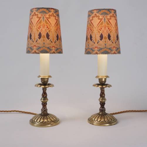 Arts & Crafts antique pair candlestick table lamps, Liberty lampshades, brass & porcelain, 1880`s ca, English